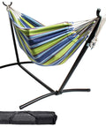 Double Camping Hammock With Steel Stand And Carrying Bag Adjustable Height Ultra Soft Cotton Blend 550 Pound Capacity Indoor And Outdoor