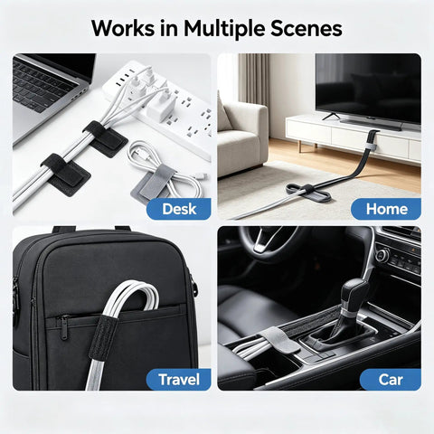 Reusable Cable Management Straps And Self Adhesive Cord Organizers For Power And Usb Cables Featuring Adjustable Hook And Loop Design For A Slick Desk Setup That Keeps Your Wires Neatly Wrapped No Sweat Ever in various home and travel settings.