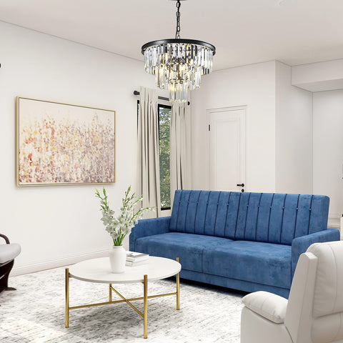 Modern Crystal Chandelier for Dining Room and Living Room, Black Round Pendant Light Fixture above blue sofa in living room