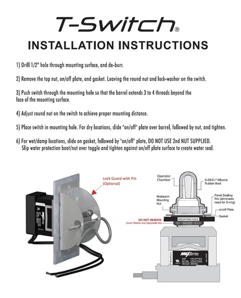 T-Switch installation instructions for Tough As Nails Heavy Duty Toggle Switch with diagrams and step-by-step guide.