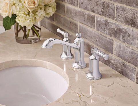 Dartmoor Chrome Traditional Two Handle Widespread Bathroom Sink Faucet Valve Required Fits 8 To 16 Inch Centers With Classic Old School Chrome Finish T6805 installed on marble countertop