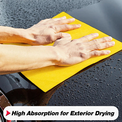Hands using Ultra Absorbent Microfiber Cleaning Cloths 100 Pack 12x12 Inches All Purpose Towels for drying car surface.
