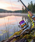 Fishing rod with reel on a mossy log by a lake during sunrise, showcasing use with All In One Fishing Rod Repair Kit 24 Pieces.
