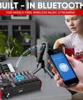 8 Channel Wireless DJ Mixer With Bluetooth And USB Audio Interface shown with smartphone and musician in studio setting