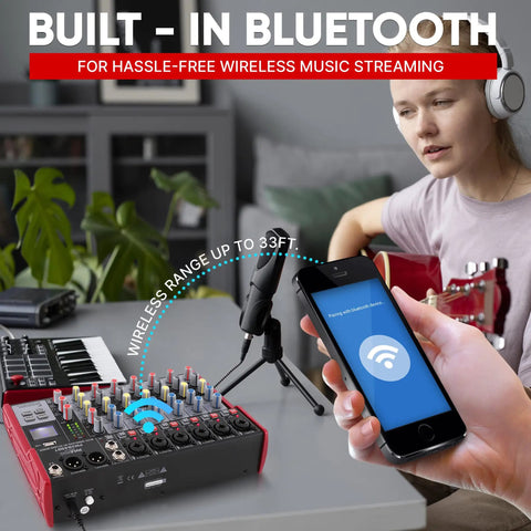 8 Channel Wireless DJ Mixer With Bluetooth And USB Audio Interface shown with smartphone and musician in studio setting