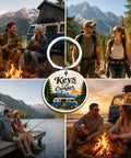 Camper Keychain For RV Lovers And Road Trip Fans, Happy Camper Keyring with couples camping and exploring outdoors.