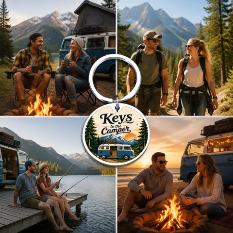 Camper Keychain For RV Lovers And Road Trip Fans, Happy Camper Keyring with couples camping and exploring outdoors.