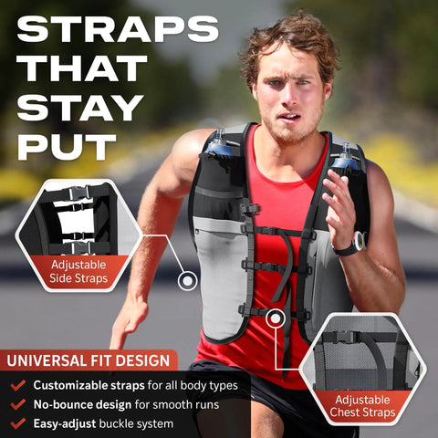Man wearing Trail Running Hydration Vest For Men And Women With 2 Water Bottles Bladder Pocket Ice Packs Reflective Gear