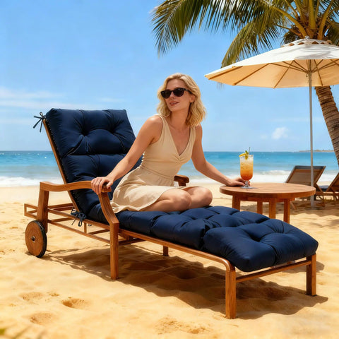 Beach scene with a woman on a navy blue Waterproof Outdoor Chaise Lounge Chair Cushion With Non Slip Ties For Patio Furniture