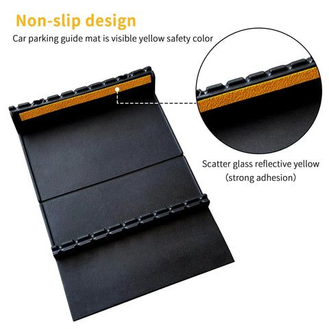 Heavy Duty Rubber Parking Stop for Garage Floors 2 Pack Vehicle Wheel Stop With Reflective Yellow Targets shown on garage floor