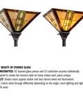 Tiffany Style Floor Lamp With Mission Design Handcrafted Stained Glass Torchiere Lighting shades, geometric pattern, LED bulb effect