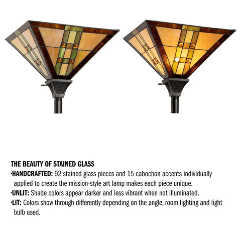 Tiffany Style Floor Lamp With Mission Design Handcrafted Stained Glass Torchiere Lighting shades, geometric pattern, LED bulb effect