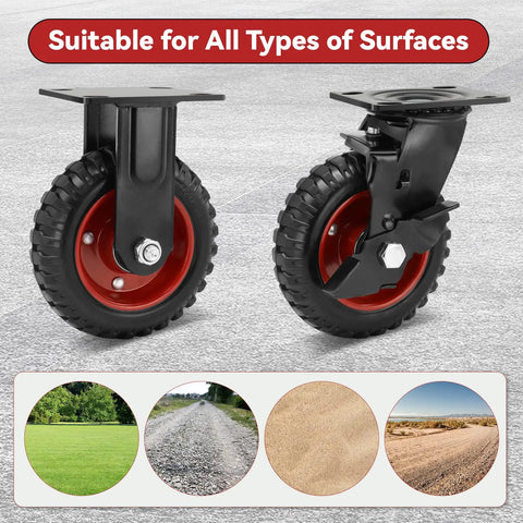 6 Inch Heavy Duty Rubber Casters Wheels With Knobby Tread For Dolly And Cart Up To 1800 Lbs, Industrial Grade Castors