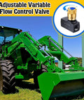 Hydraulic flow-control needle valve (1/2 in NPT ports) inset on a green tractor with front-end loader.