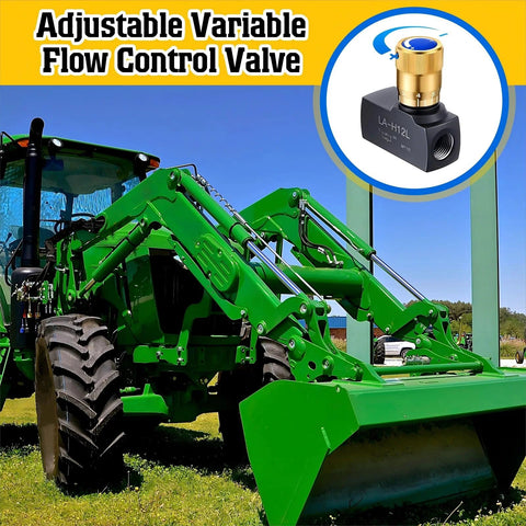 Hydraulic flow-control needle valve (1/2 in NPT ports) inset on a green tractor with front-end loader.