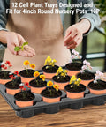 12 Cell Round Nursery Pot Trays For Moving 4 Inch Pots with flowers displayed, Plastic Plant Carrying Tray Set