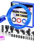 Blue 0.25 Inch PU Air Tubing Kit, 32.8 Ft with 27 piece push to connect fittings, shown with accessories and packaging for pneumatic projects.