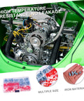 Grease Nipples Assortment Kit 100 Pcs Zerk Fittings With Caps for automotive use, shown with engine and close-up details.