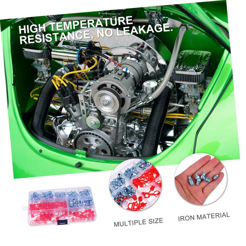 Grease Nipples Assortment Kit 100 Pcs Zerk Fittings With Caps for automotive use, shown with engine and close-up details.
