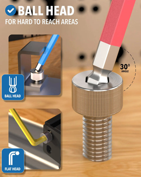13 Piece SAE Allen Wrench Set With Ball End Hex Keys Color Coded For Quick Size ID showing angled access in screw head