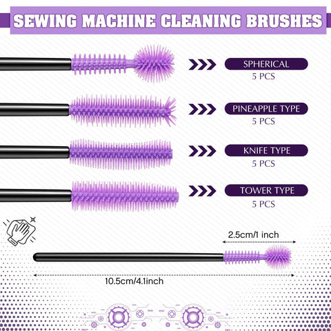 Side view: sewing machine cleaning brush set, 20 pieces with black handles and purple silicone bristles; 4 head types x5.