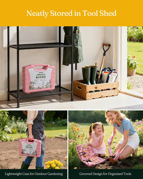 12-Piece Pink Yard Tool Set For Women And Men With Durable Carrying Case displayed in garden and shed scenes