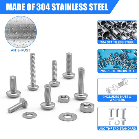 710 Piece Stainless Steel 304 Machine Screws Nuts And Washers Assortment Kit with case, showing screws, nuts, and washers.