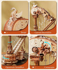 Close-up views of 3D Wooden Harp Music Box Kit for Adults showing swan, carved decoration, openwork soundbox, and cornucopia details.