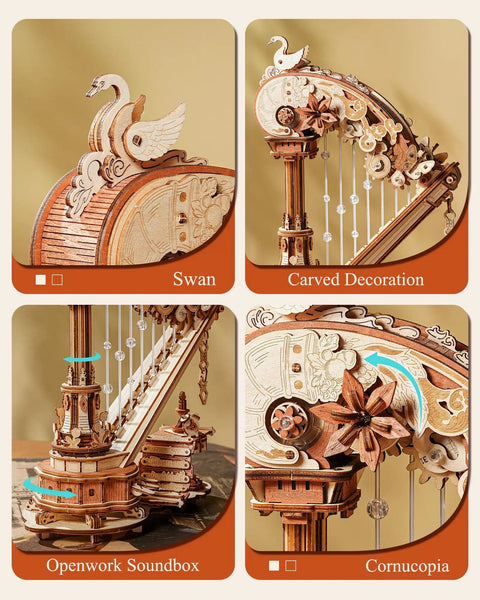 Close-up views of 3D Wooden Harp Music Box Kit for Adults showing swan, carved decoration, openwork soundbox, and cornucopia details.