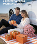Couple sitting by a white car, exchanging gift boxes on a picnic blanket, roses beside them.