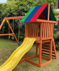 Wooden swing set with All Weather Swing Set Canopy Replacement Top With 210D Oxford Fabric UV Shield, green blue red shade cover.