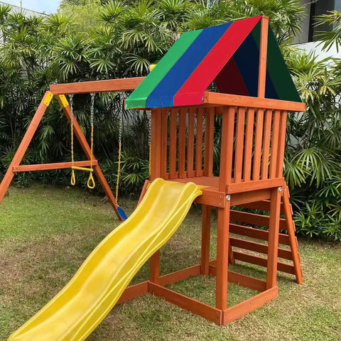 Wooden swing set with All Weather Swing Set Canopy Replacement Top With 210D Oxford Fabric UV Shield, green blue red shade cover.