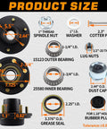 Product diagram showing Six Lug 5.5 Inch Trailer Hub Kit parts for 5200 to 6000 lb axles, including bearings and grease seals.