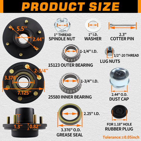 Product diagram showing Six Lug 5.5 Inch Trailer Hub Kit parts for 5200 to 6000 lb axles, including bearings and grease seals.