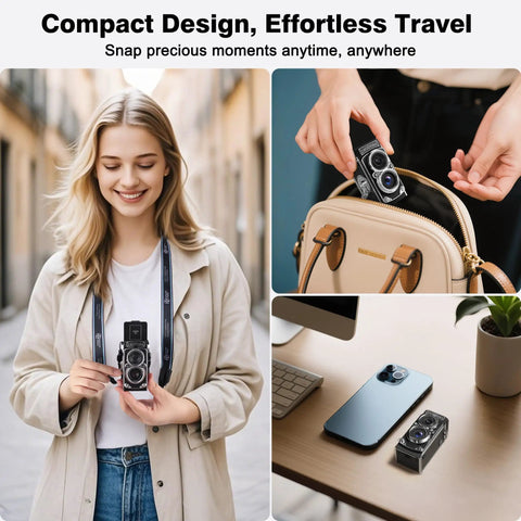Smiling woman holding Retro TLR Style Pocket Camera, camera being placed in a handbag, on a desk with phone