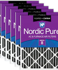 Six-pack set of 20x20x4 Pleated Plus Carbon Air Filter MERV 8 with Nordic Pure branding, actual size 19.5 x 19.5 x 3.63 in.