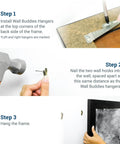 Step-by-step guide for installing Rock Solid Self Leveling Sawtooth Picture Frame Wall Hangers for wood art displays.