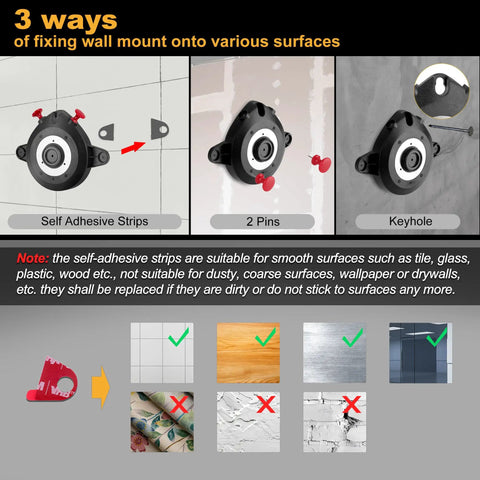3 ways to mount 2-In-1 Stud Finder With Laser Level using adhesive strips, pins, or keyhole method on various surfaces