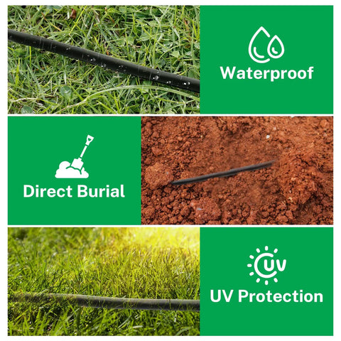 Heavy Duty 18AWG Solid Copper Sprinkler Wire For Up To 8 Valves, 150 Feet, UV Protected PVC Jacket shown in waterproof and burial settings