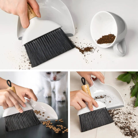Grab And Go Mini Dustpan And Brush Set With Bamboo Handle cleaning coffee grounds, pet food, and dirt using dense soft bristles.