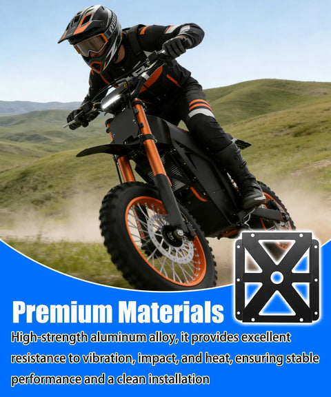 Controller Mounting Bracket For Tuttio Tutti Soleil 01 Electric Dirt Bike, Heavy Duty Aluminum, shown with biker riding