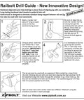 Illustrated instructions for Ultimate Railbolt Drill Guide For Stair Handrails Installation Jig With 1 Quarter Inch And 3 Eighth Inch Drill Bits Plus 1 Inch Spade Bit For Clean Precise Holes And Zipbolt Model Compatibility.