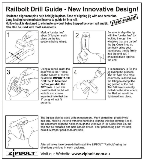 Illustrated instructions for Ultimate Railbolt Drill Guide For Stair Handrails Installation Jig With 1 Quarter Inch And 3 Eighth Inch Drill Bits Plus 1 Inch Spade Bit For Clean Precise Holes And Zipbolt Model Compatibility.