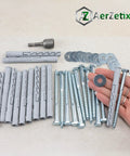 Heavy Duty Nylon Countersunk Flange Dowels 10mm x 100mm, 12 Screws 7mm x 100mm, Large Washers for M8 Bolts, and a One Quarter Inch Hex Socket Bit, 12 Piece Fastener Set for DIY, Wood, and Metal Projects; nylon dowels, screws and washers laid out
