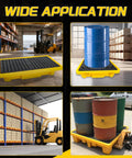 Drum Spill Containment Pallet With Drain, Heavy Duty Leakproof Platform For Garage, Shop, Basement, And Industrial Storage, 26.4 By 26.4 Inches, 2200 Lb Load Capacity, 11.36 Gallon Sump