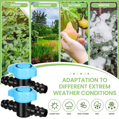 12 Pack One-Half Inch Drip Irrigation Barbed Valve Fittings with ball shut off, suitable for all seasons and weather conditions