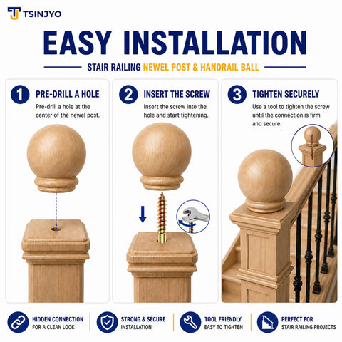 Installation steps for stair railing with 100 Piece Hanger Bolt Set with Double Ended Screws for Woodworking and Furniture Assembly.