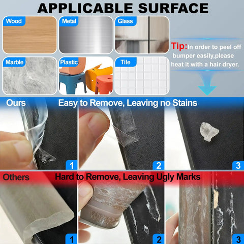 Self Adhesive Clear Wall Corner Protectors Built Tough For Daily Use shown on various surfaces, demonstrating easy removal without stains.