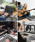 Four scenes using Five Channel USB Bluetooth Audio Mixer With Echo Delay For Recording Live Streaming Podcasting and more.