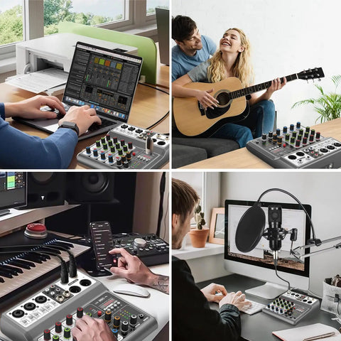 Four scenes using Five Channel USB Bluetooth Audio Mixer With Echo Delay For Recording Live Streaming Podcasting and more.